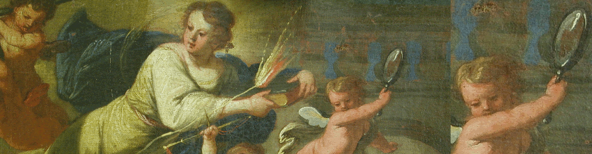 Oil on canvas. Title: The triumph of justice. 17th century. Unknown master, Italy. Before restoration, including detail.