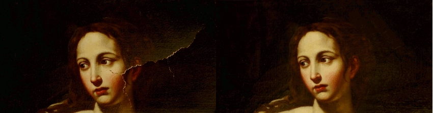 Oil on canvas. Title: Portrait of a young lady. Early 17th century. Unknown master, Italy.  Detail before and after restoration.