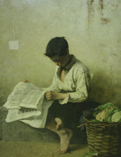 Oil on canvas. Title: Reading boy. Date: 1876. Auguste Hagborg, Sweden (painted in Paris). Under restoration.
