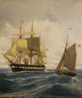 Oil on canvas. Title: Marine motive. Date: 1883. S.F Svensson, Sweden. Before and after restoration.